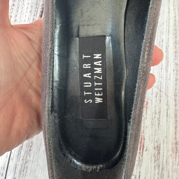 Stuart Weitzman Dark Grey Charcoal Suede Pumps Block Heel 8 Leather Square Toe - Picture 7 of 11